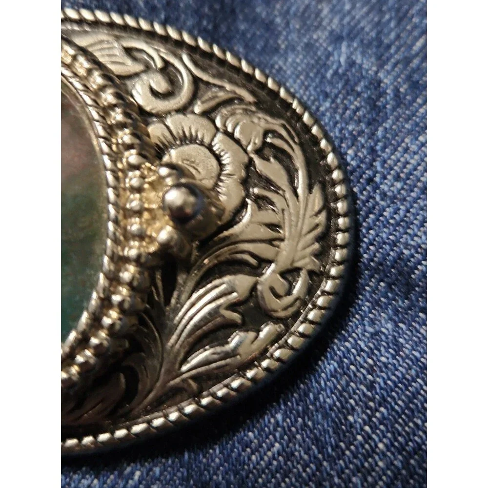 Vintage Western Style Oval Silver Tone Filigree Belt Buckle Green Agate Cabochon